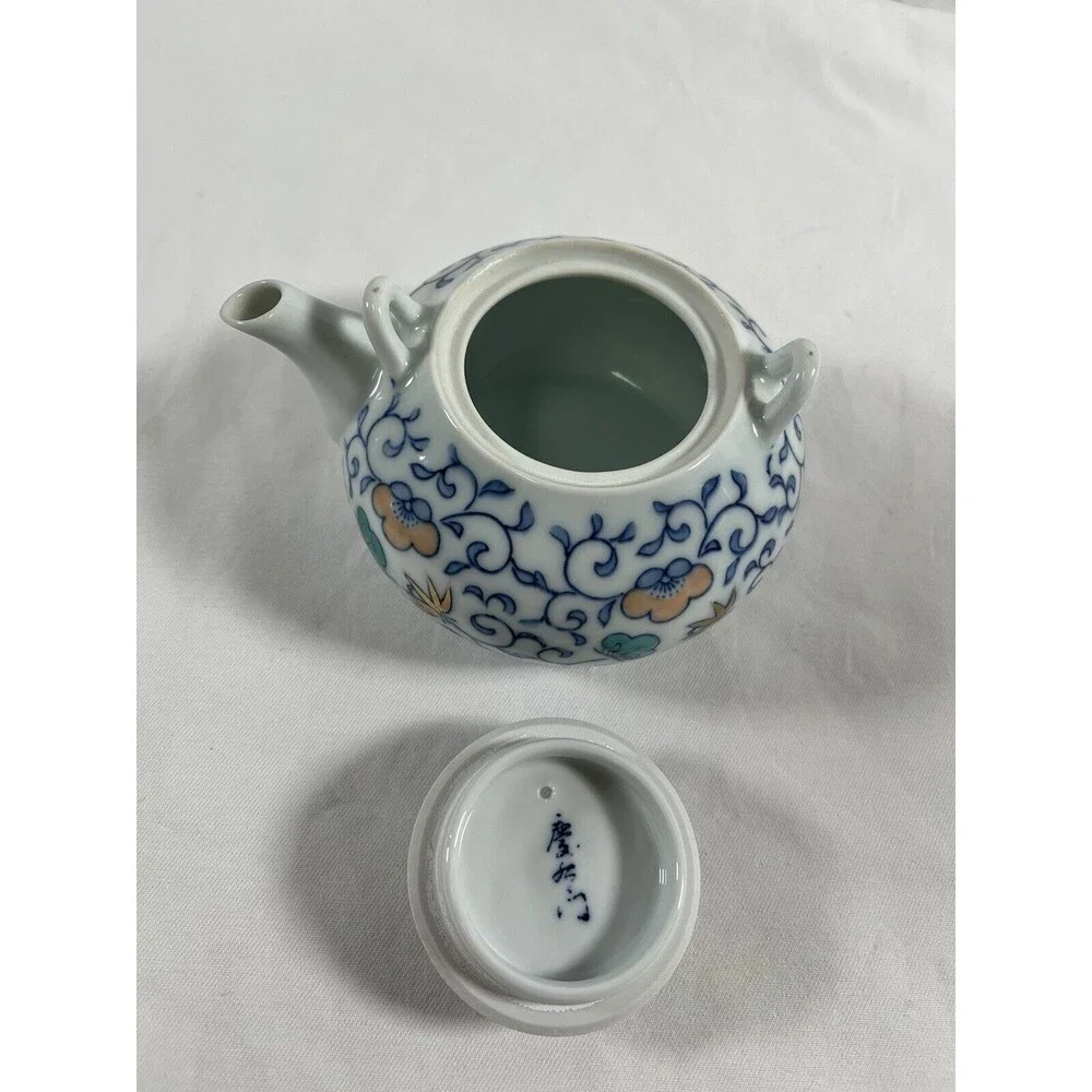 Vintage Blue White Ceramic Floral Teapot #689